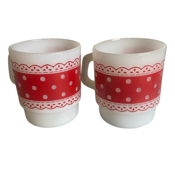 Polka Dot Lace White Red FireKing Coffee Cups Stacking Set Of 2 Vintage USA - Picture 1 of 7